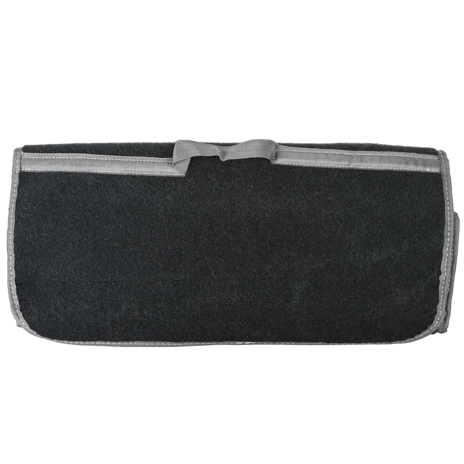 Geschlossene schwarze Filz-Aufbewahrungstasche mit grauer Umrandung und mittigem Tragegriff, von oben fotografiert.