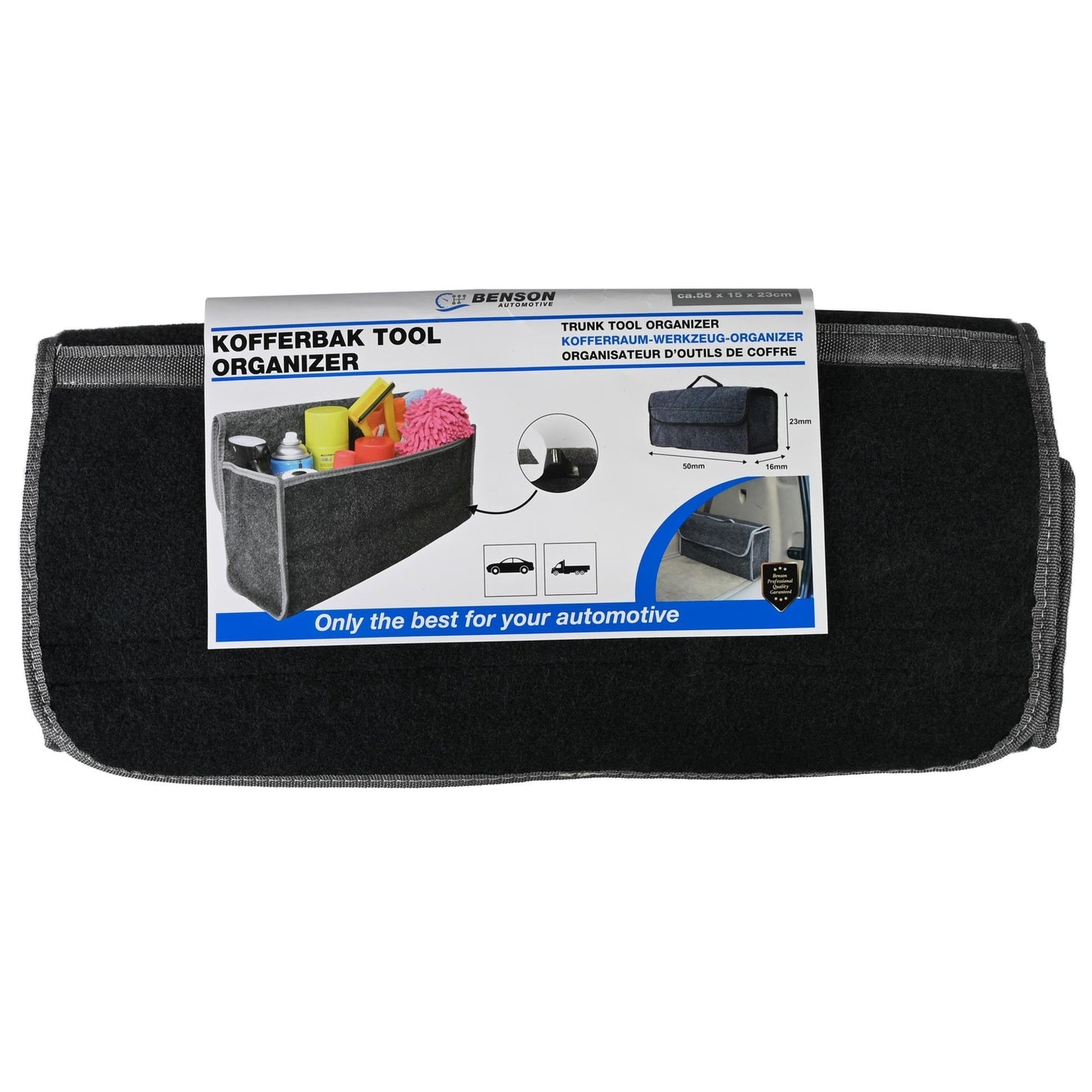 Schwarze Filz-Aufbewahrungstasche mit Produktetikett, das den Einsatz als Kofferraum-Organizer mit Beispielbildern zeigt.