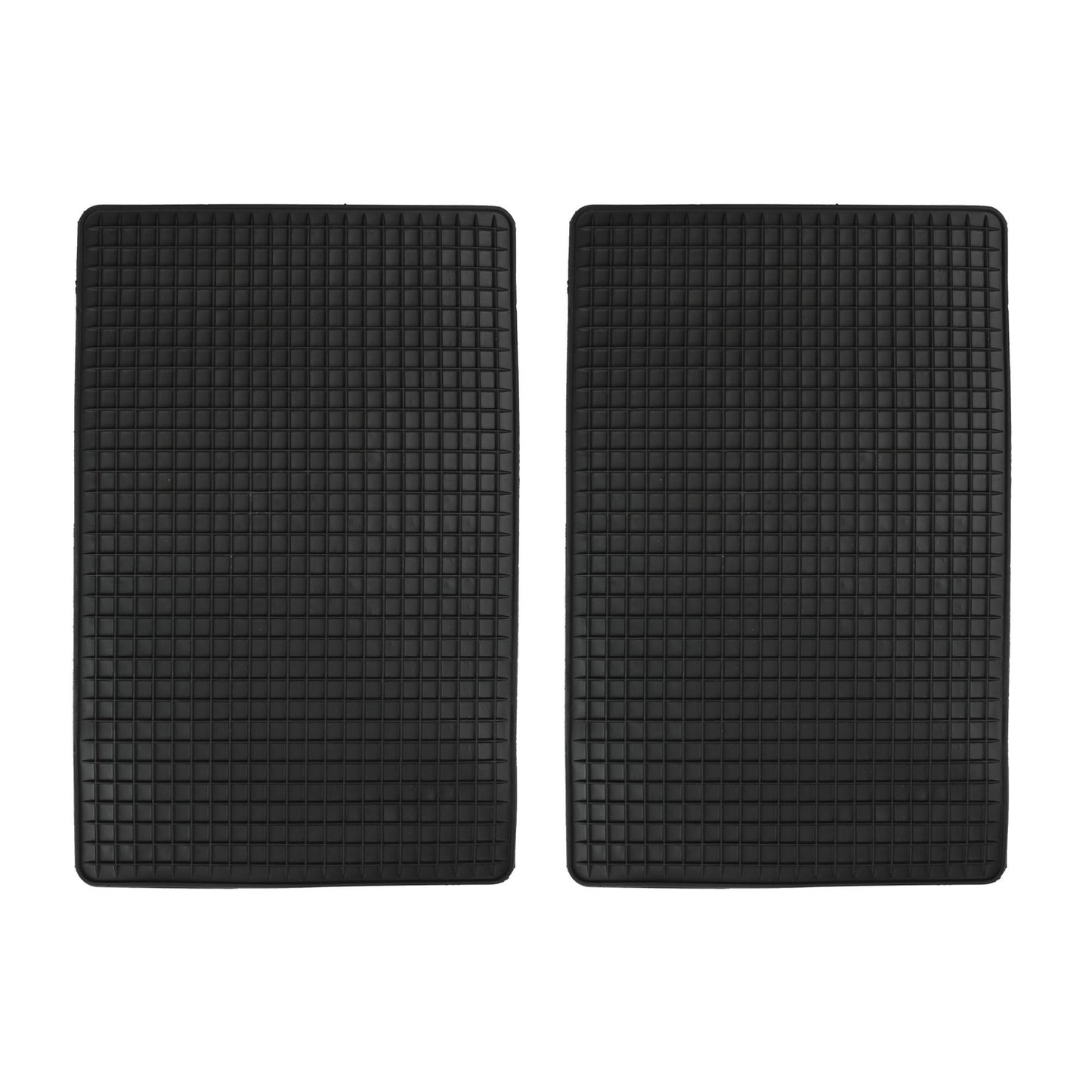 Zwei rechteckige schwarze Gummimatten mit rutschhemmender Rasterstruktur, nebeneinander auf weißem Hintergrund.