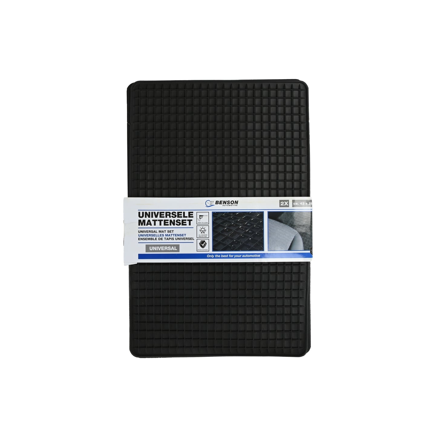Schwarze Gummimatte mit quadratischem Rastermuster, verpackt mit Banderole „Universelle Mattenset – Benson“, Vorderseite mit Produktinformationen und Beispielbild.