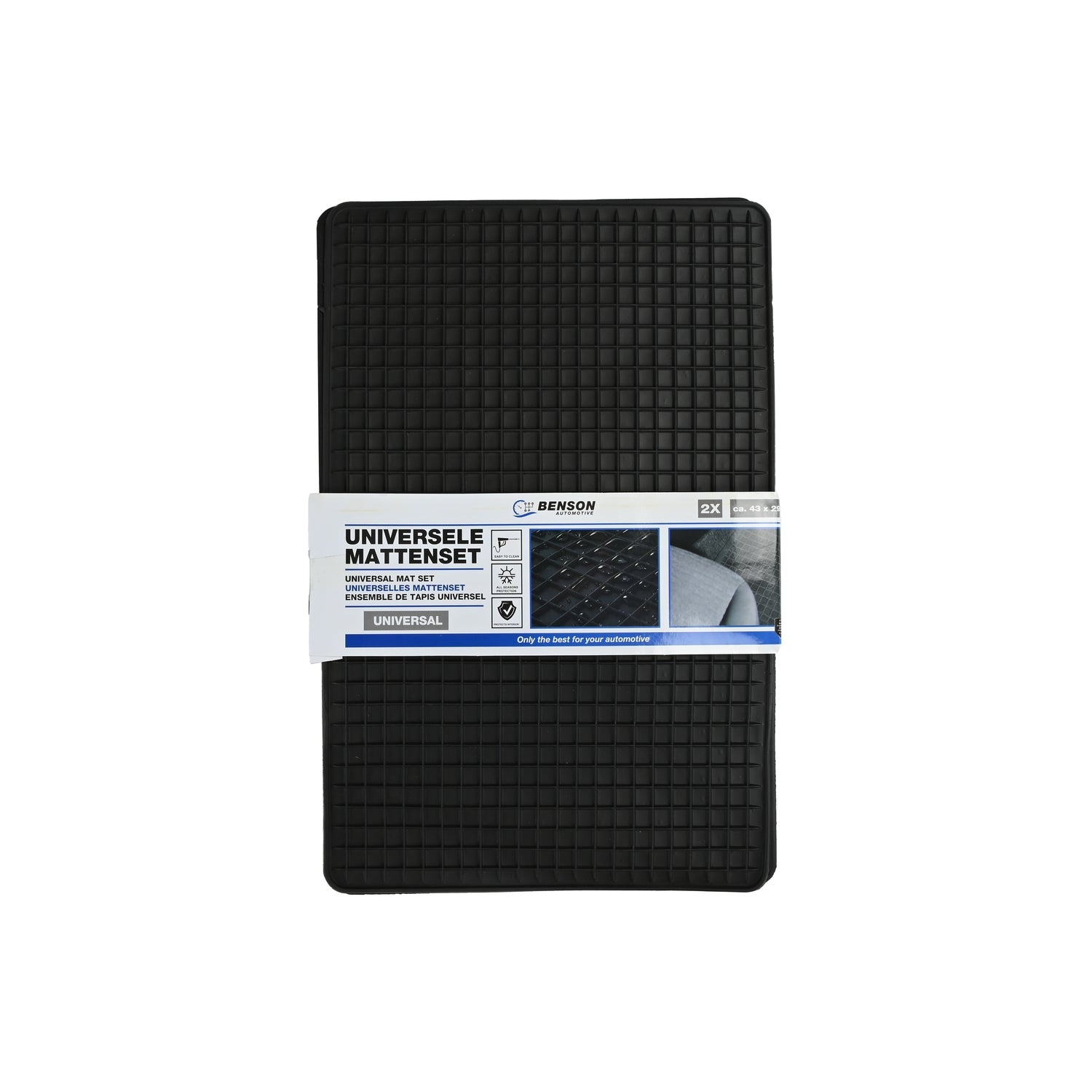 Schwarze Gummimatte mit quadratischem Rastermuster, verpackt mit Banderole „Universelle Mattenset – Benson“, Vorderseite mit Produktinformationen und Beispielbild.
