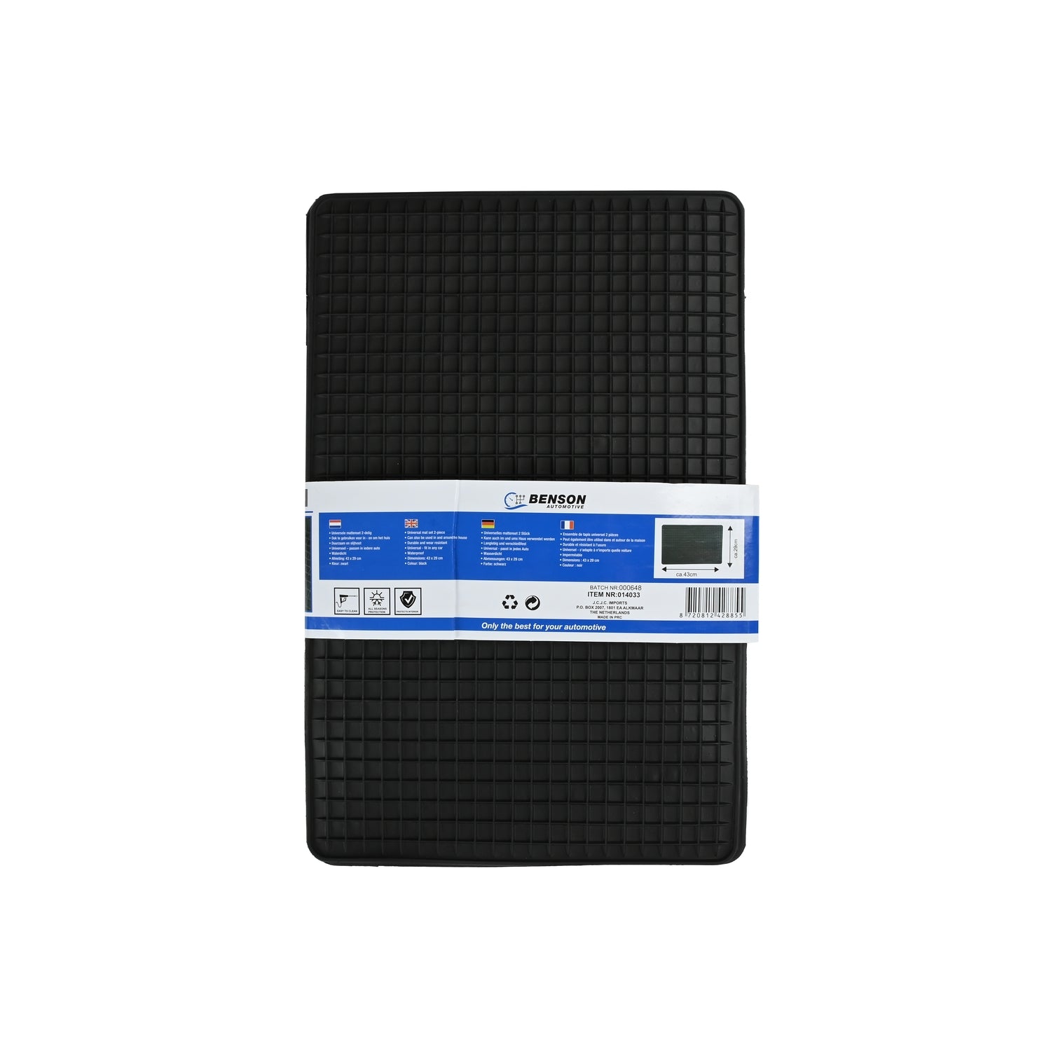 Rückseite der verpackten schwarzen Gummimatte mit blauer Banderole und mehrsprachigen Produktangaben.