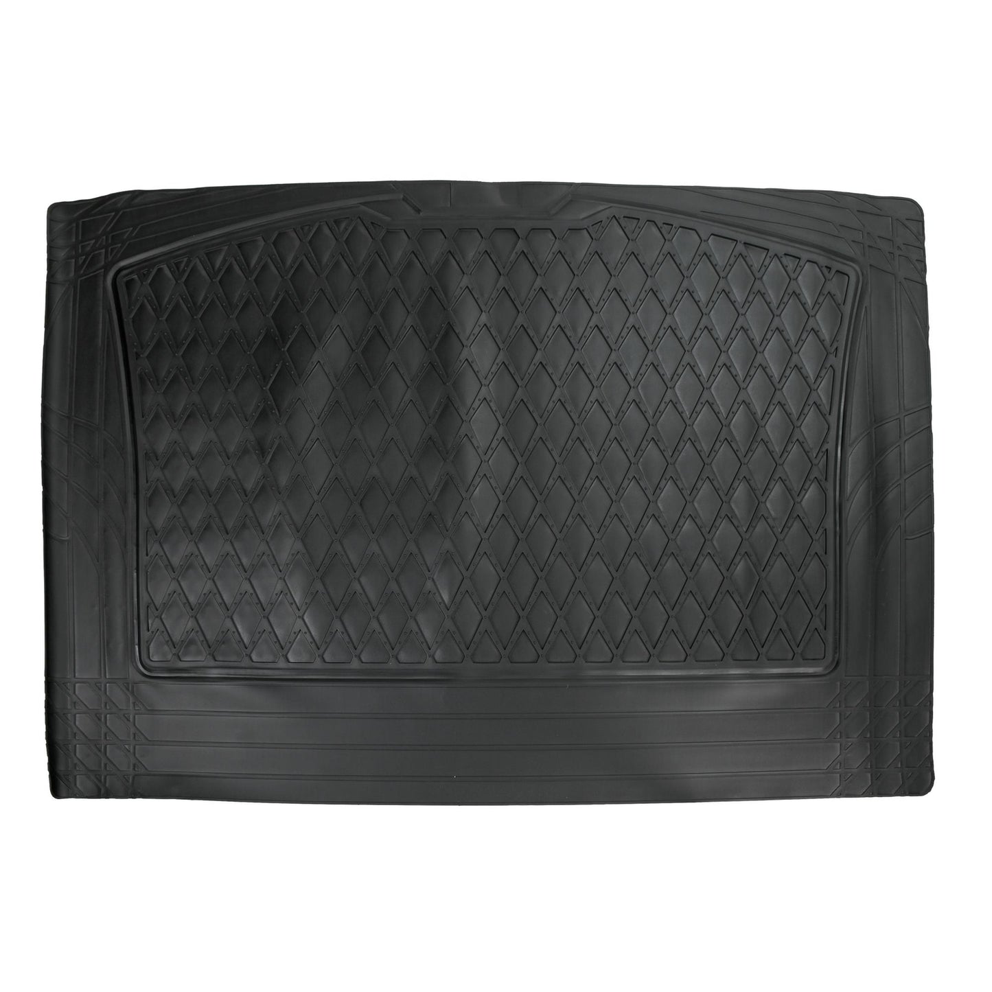 Schwarze Kofferraummatte mit rutschhemmender, diamantförmiger Struktur und umlaufendem Rand, rechteckig ausgelegt auf weißem Hintergrund.