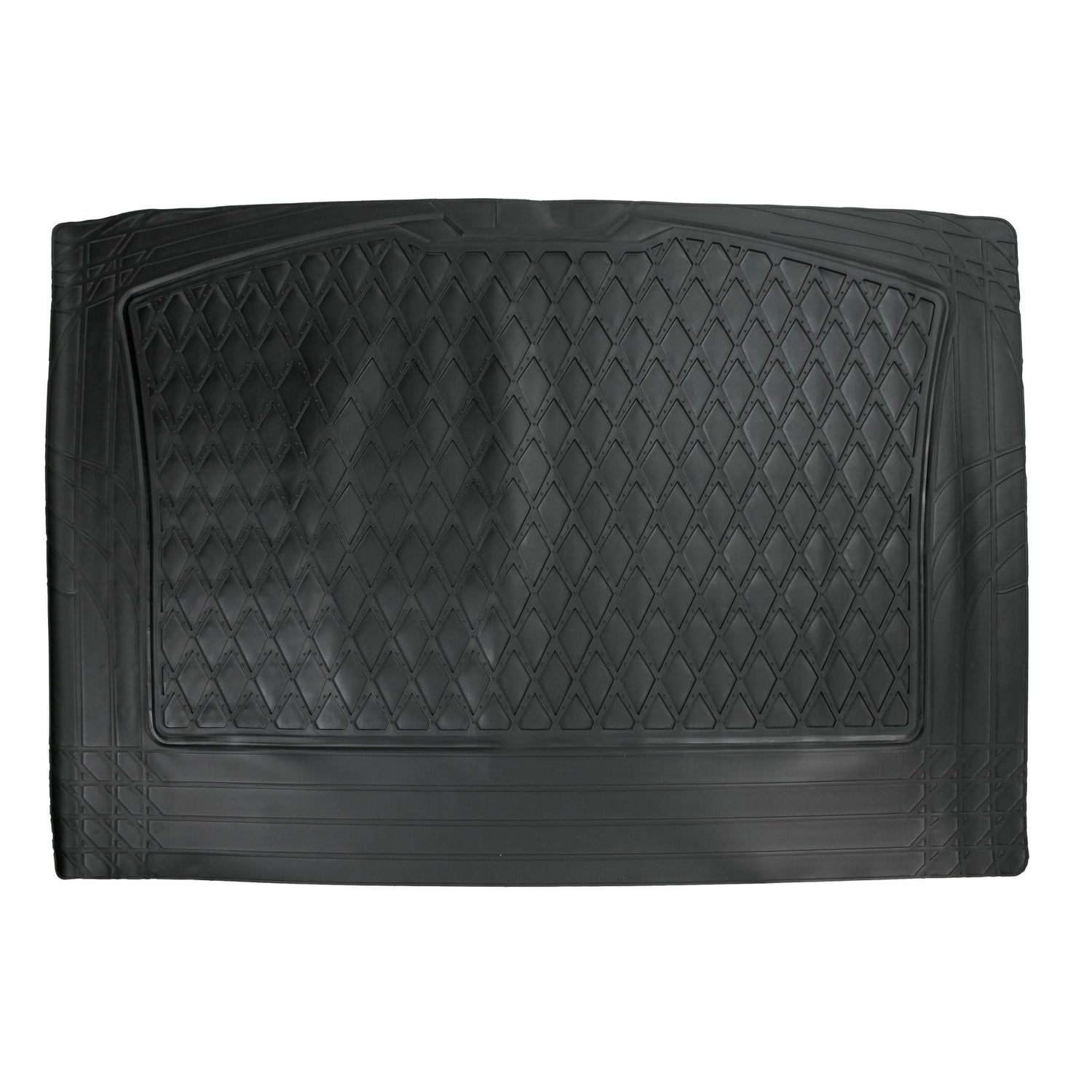 Schwarze Kofferraummatte mit rutschhemmender, diamantförmiger Struktur und umlaufendem Rand, rechteckig ausgelegt auf weißem Hintergrund.