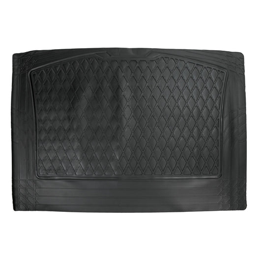 Schwarze Kofferraummatte mit rutschhemmender, diamantförmiger Struktur und umlaufendem Rand, rechteckig ausgelegt auf weißem Hintergrund.