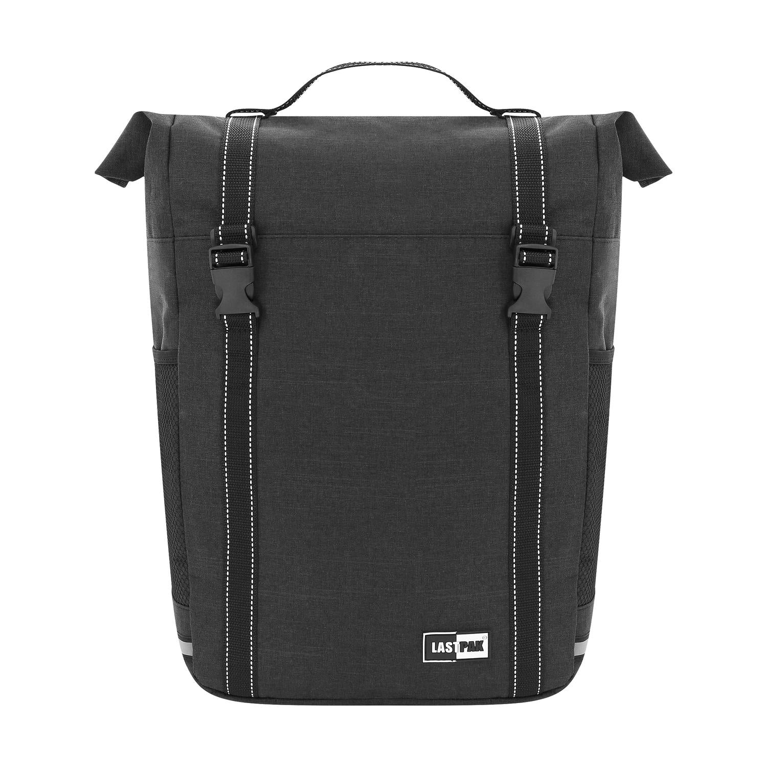 Schwarze Fahrradtasche mit zwei vertikalen Riemen und Klickverschlüssen, Tragegriff oben und seitlichen Netztaschen.