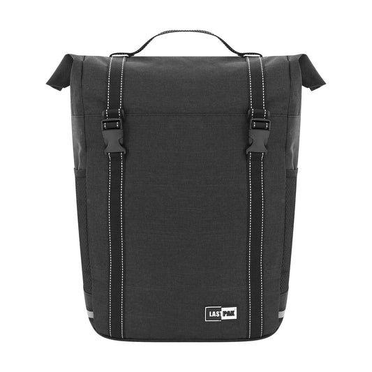 Schwarze Fahrradtasche mit zwei vertikalen Riemen und Klickverschlüssen, Tragegriff oben und seitlichen Netztaschen.