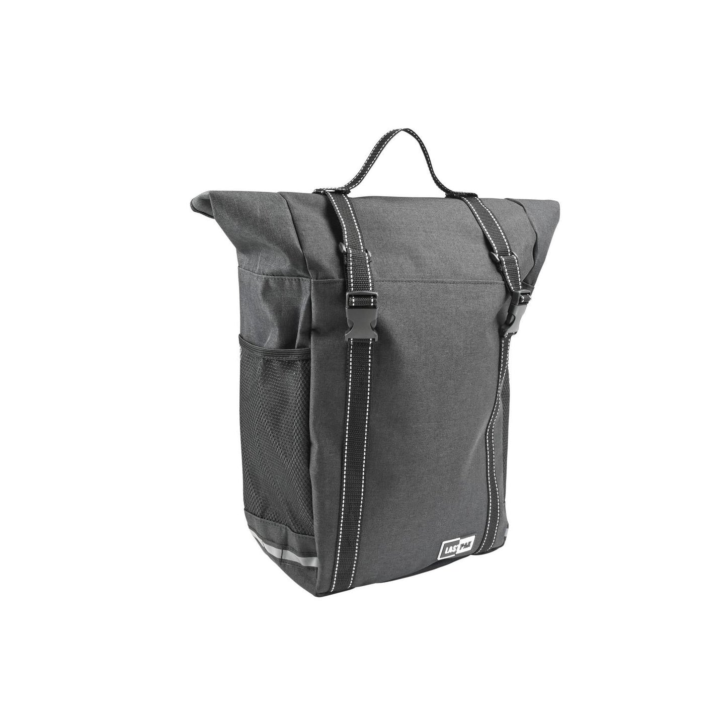 Schräg aufgenommene Schwarze Fahrradtasche mit Tragegriff, seitlichen Netztaschen und reflektierendem Streifen unten.