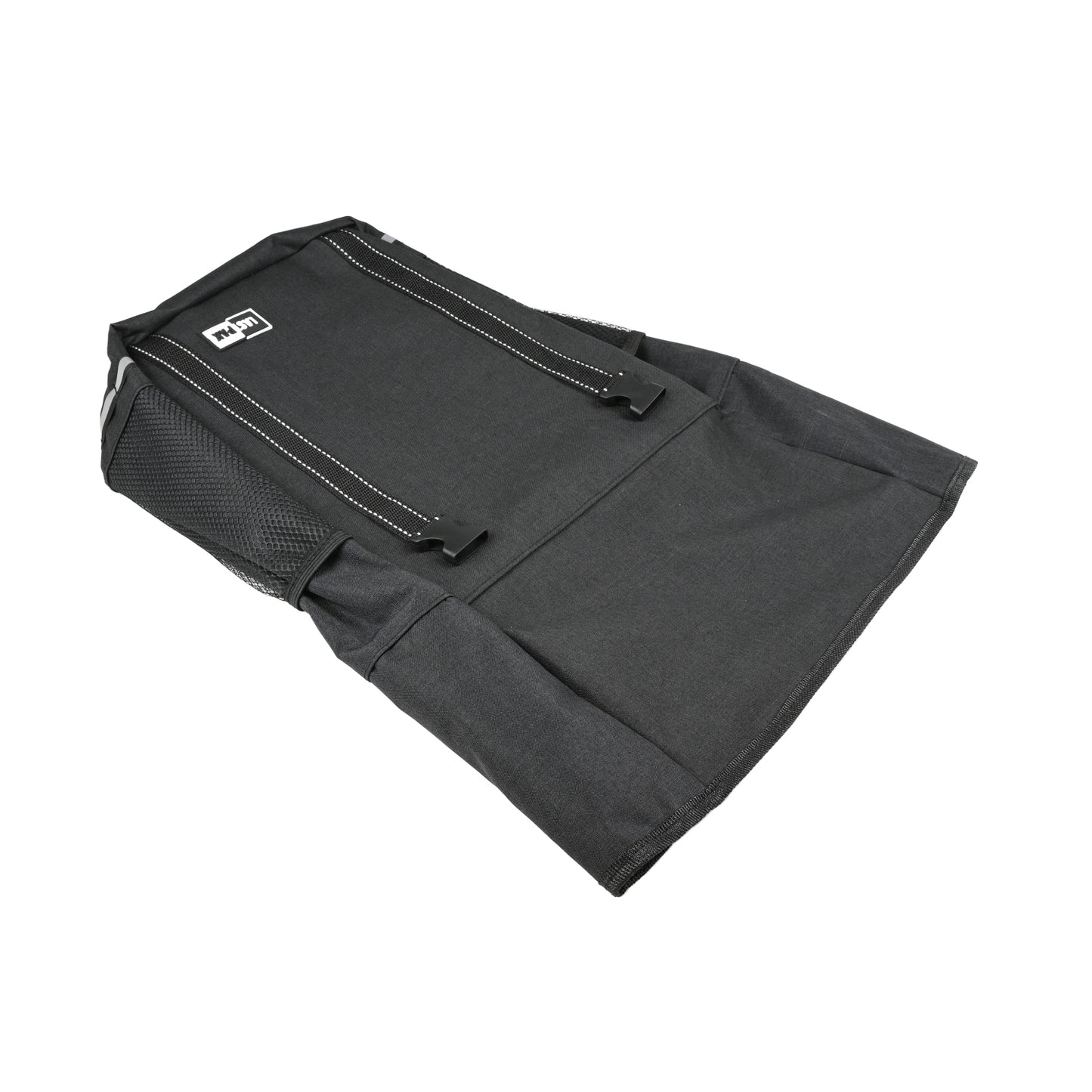 Schwarze Fahrradtasche in ausgebreiteter Ansicht mit reflektierenden Riemen und seitlichen Netztaschen.