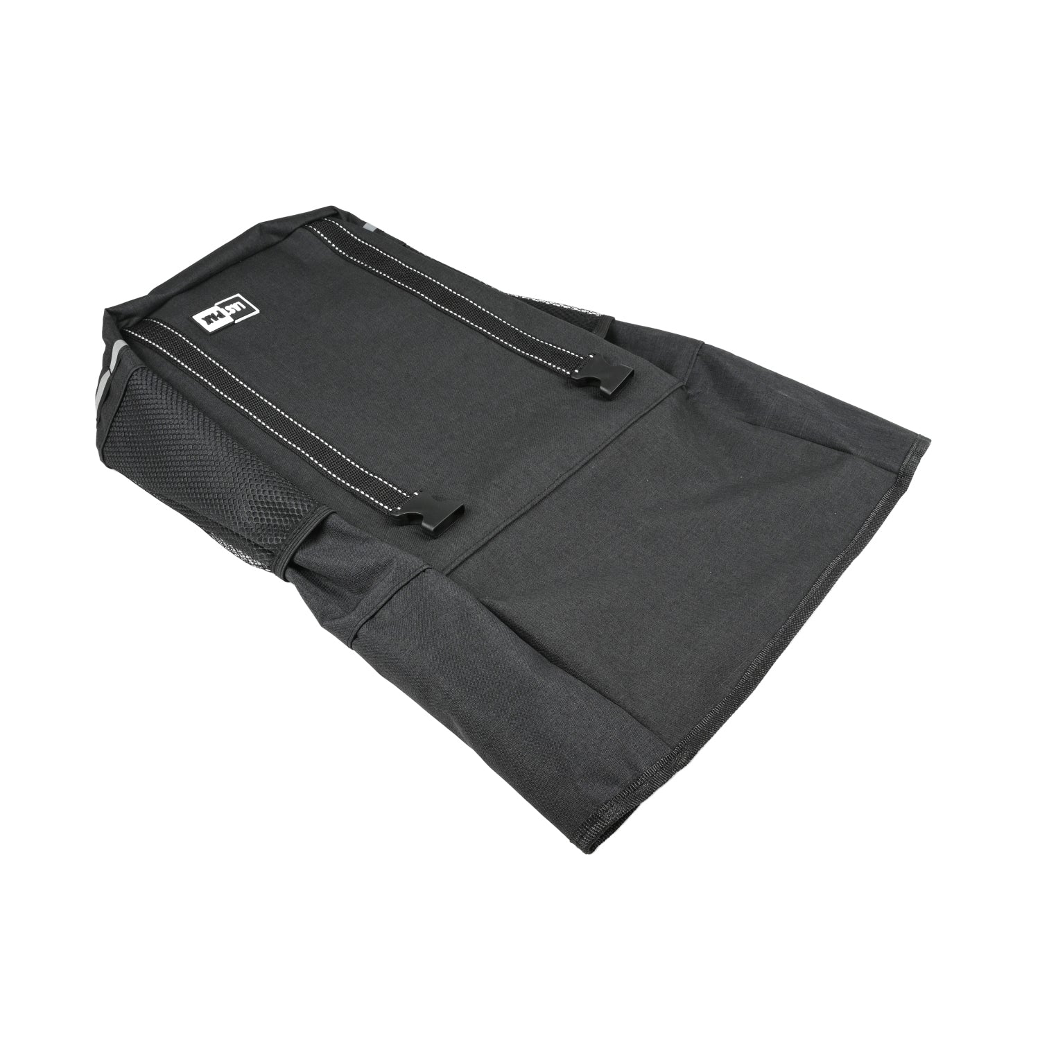 Schwarze Fahrradtasche in ausgebreiteter Ansicht mit reflektierenden Riemen und seitlichen Netztaschen.
