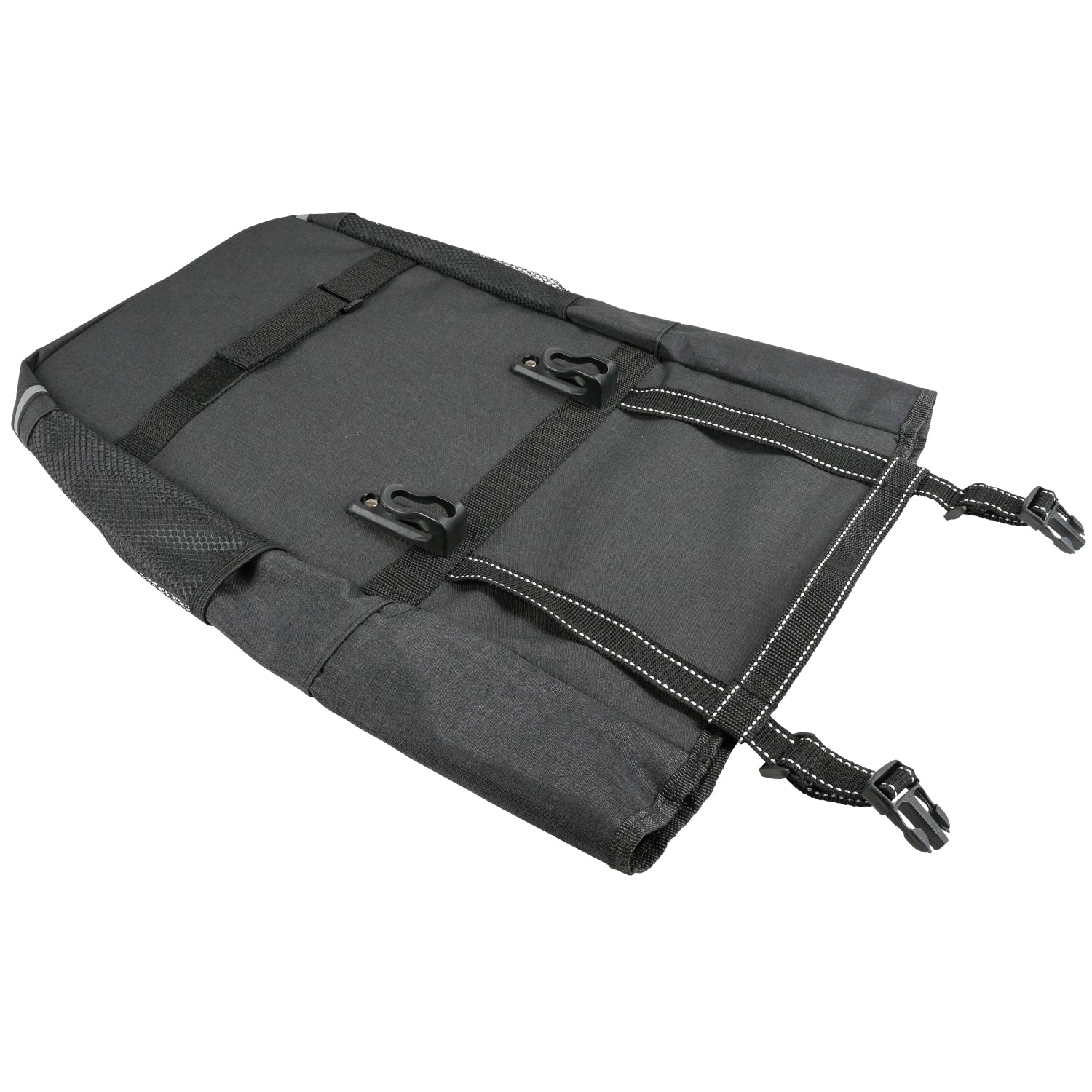 Rückseite der Schwarzen Fahrradtasche mit zwei Hakenbefestigungen, Riemen und Schnallen zur Montage am Gepäckträger.