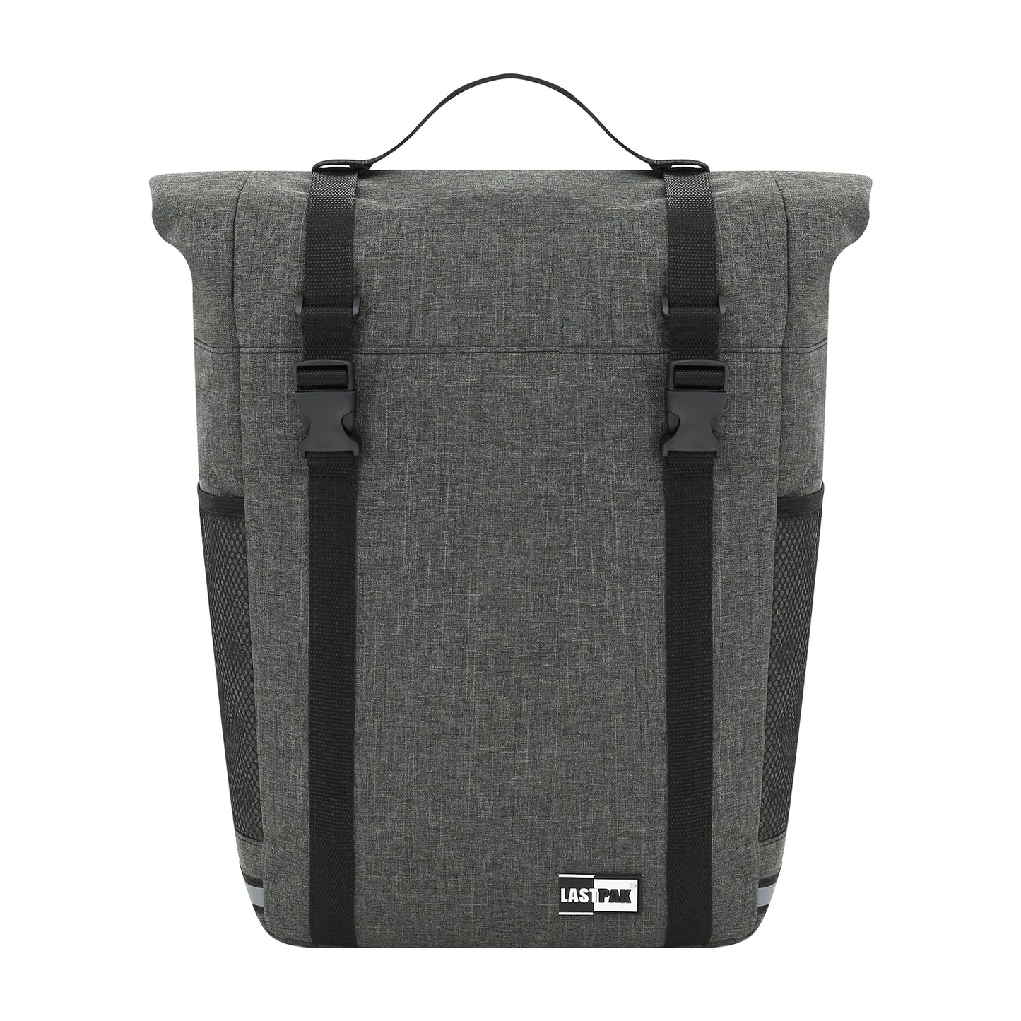 Graue Fahrradtasche mit schwarzem Griff, zwei Verschlussriemen und seitlichen Netztaschen, Vorderseite mit „Lastpak“-Logo unten.