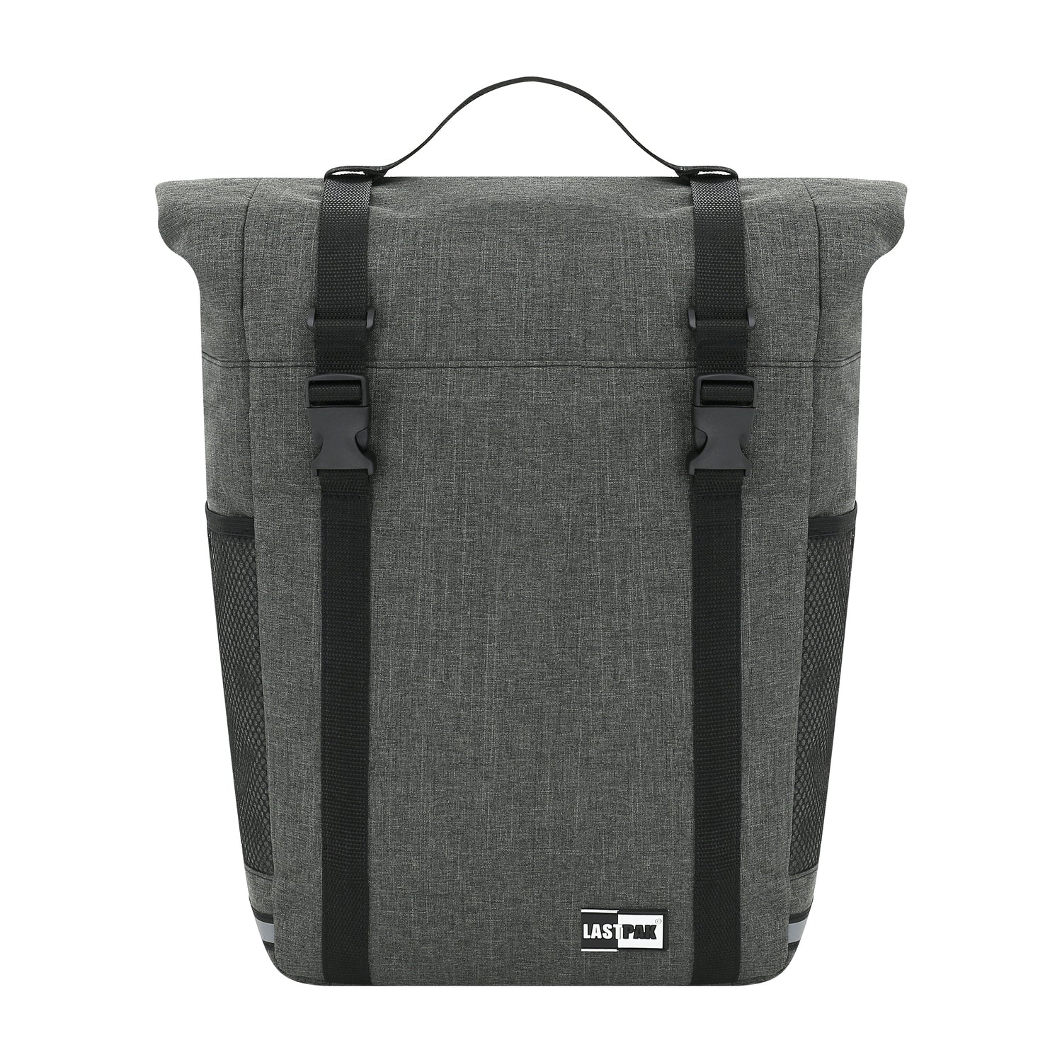 Graue Fahrradtasche mit schwarzem Griff, zwei Verschlussriemen und seitlichen Netztaschen, Vorderseite mit „Lastpak“-Logo unten.