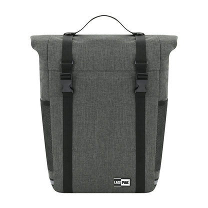 Graue Fahrradtasche mit schwarzem Griff, zwei Verschlussriemen und seitlichen Netztaschen, Vorderseite mit „Lastpak“-Logo unten.