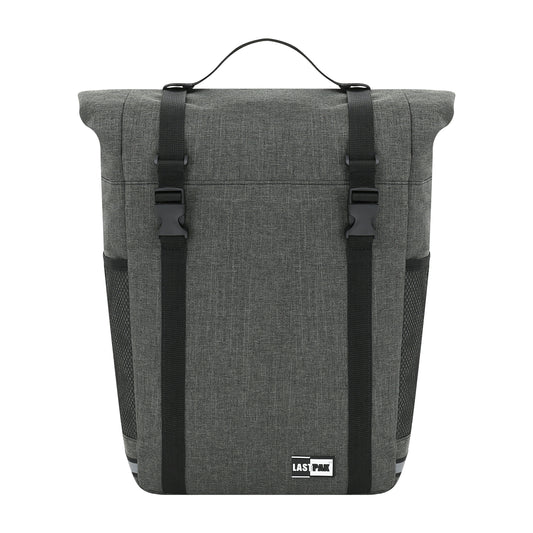 Graue Fahrradtasche mit schwarzem Griff, zwei Verschlussriemen und seitlichen Netztaschen, Vorderseite mit „Lastpak“-Logo unten.