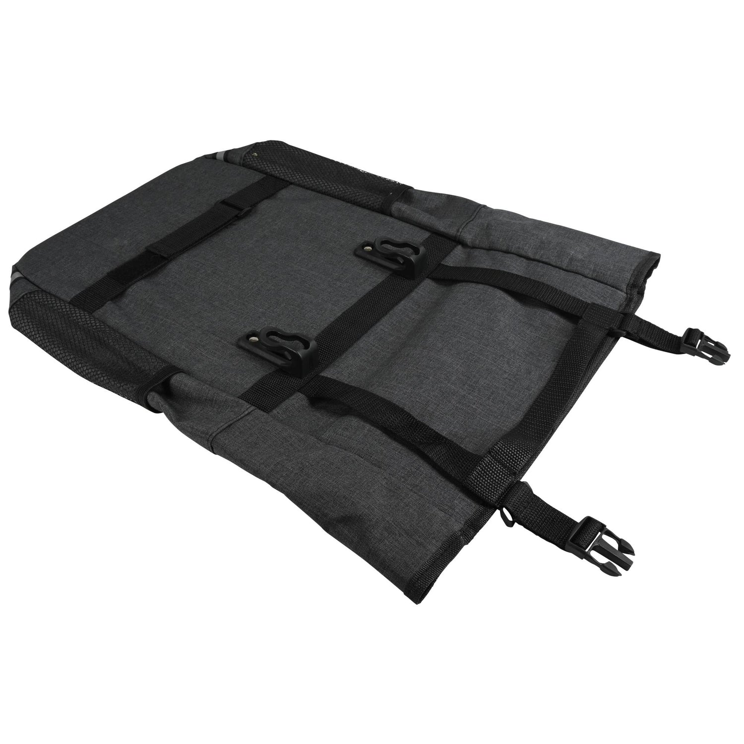 Schräg aufgenommene Ansicht der Fahrradtasche mit zwei Haken zur Gepäckträgerbefestigung und verstellbaren Gurten mit Klickverschluss.