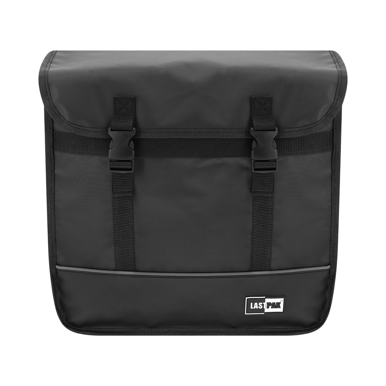 Einzelansicht einer schwarzen Fahrradtasche mit zwei vertikalen Riemen, Klickverschlüssen und reflektierendem Streifen unten.