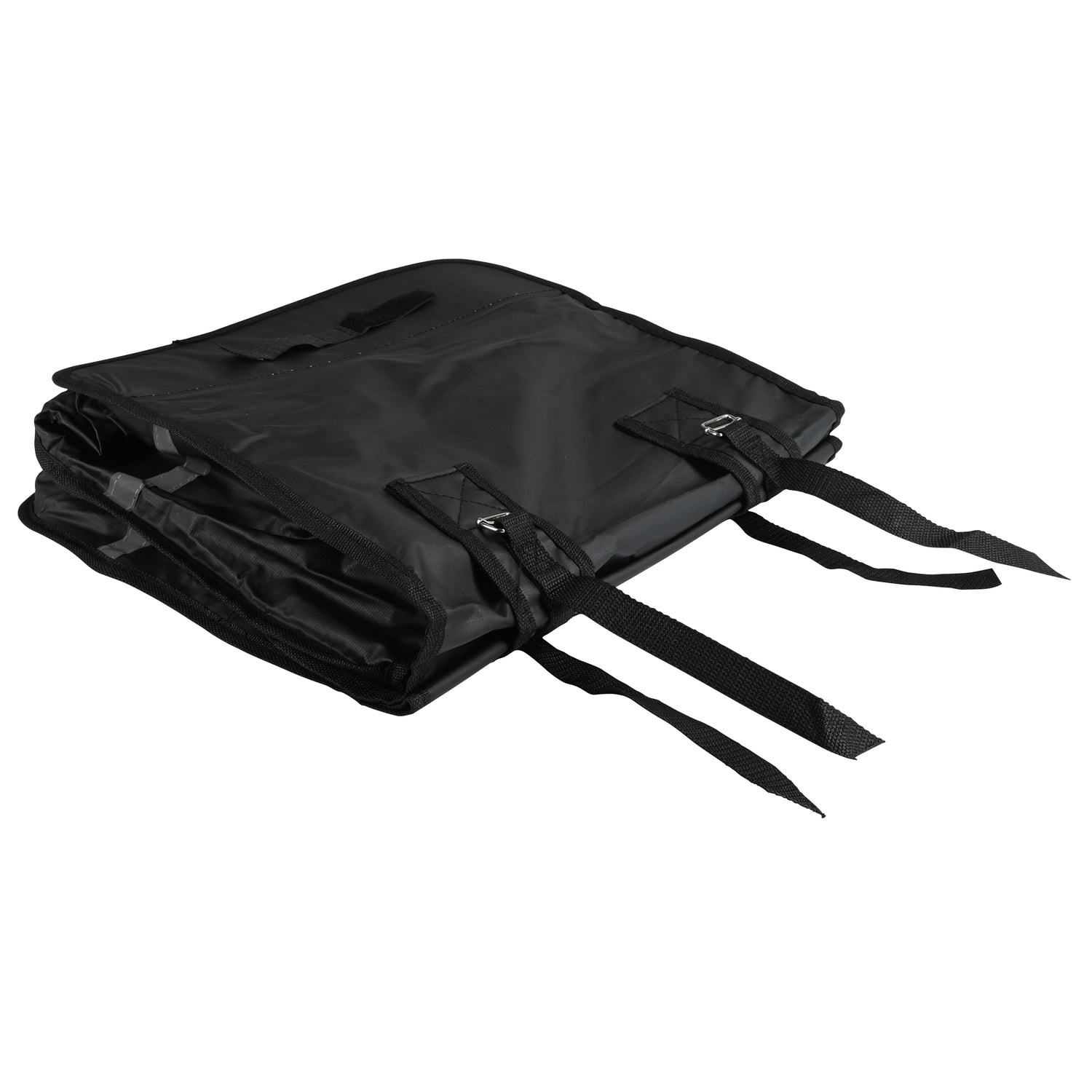 Zusammengeklappte schwarze Fahrradtasche mit sichtbaren Befestigungsschlaufen und Riemen auf der Oberseite.