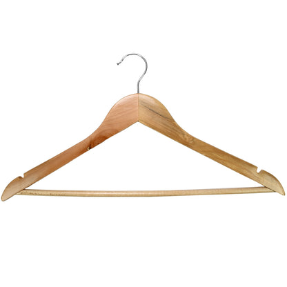 Einzelner Holzbügel mit rundem Metallhaken und Einkerbungen an den Schultern, frontal dargestellt.