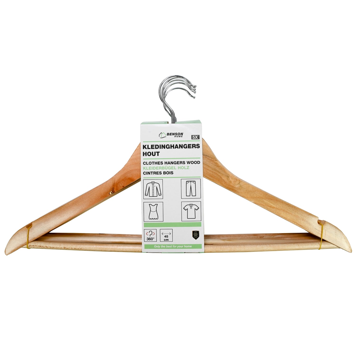 Bündel aus fünf Holzkleiderbügeln mit Verpackungsetikett, das Produktinformationen und Piktogramme für verschiedene Kleidungsstücke zeigt.