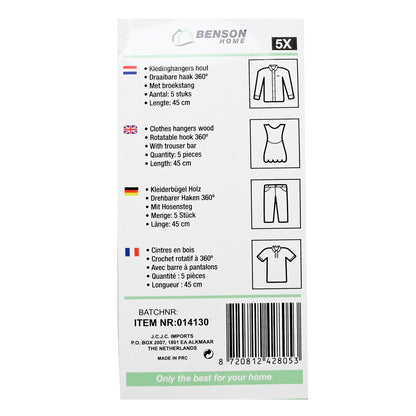 : Rückseite der Verpackung der Holzkleiderbügel mit Produktinformationen in vier Sprachen und Symbolen für verschiedene Kleidungsstücke.