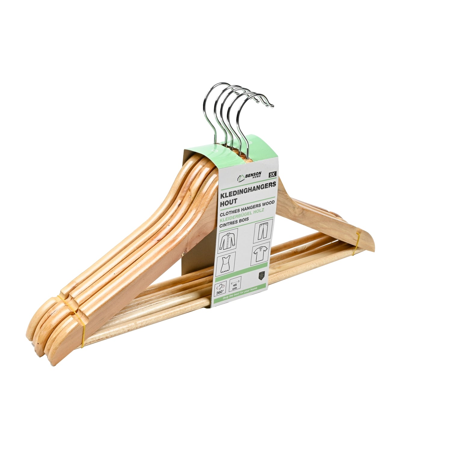 Set aus fünf hölzernen Kleiderbügeln mit silbernen Haken und grün-weißer Verpackungsbanderole, leicht schräg angeordnet.