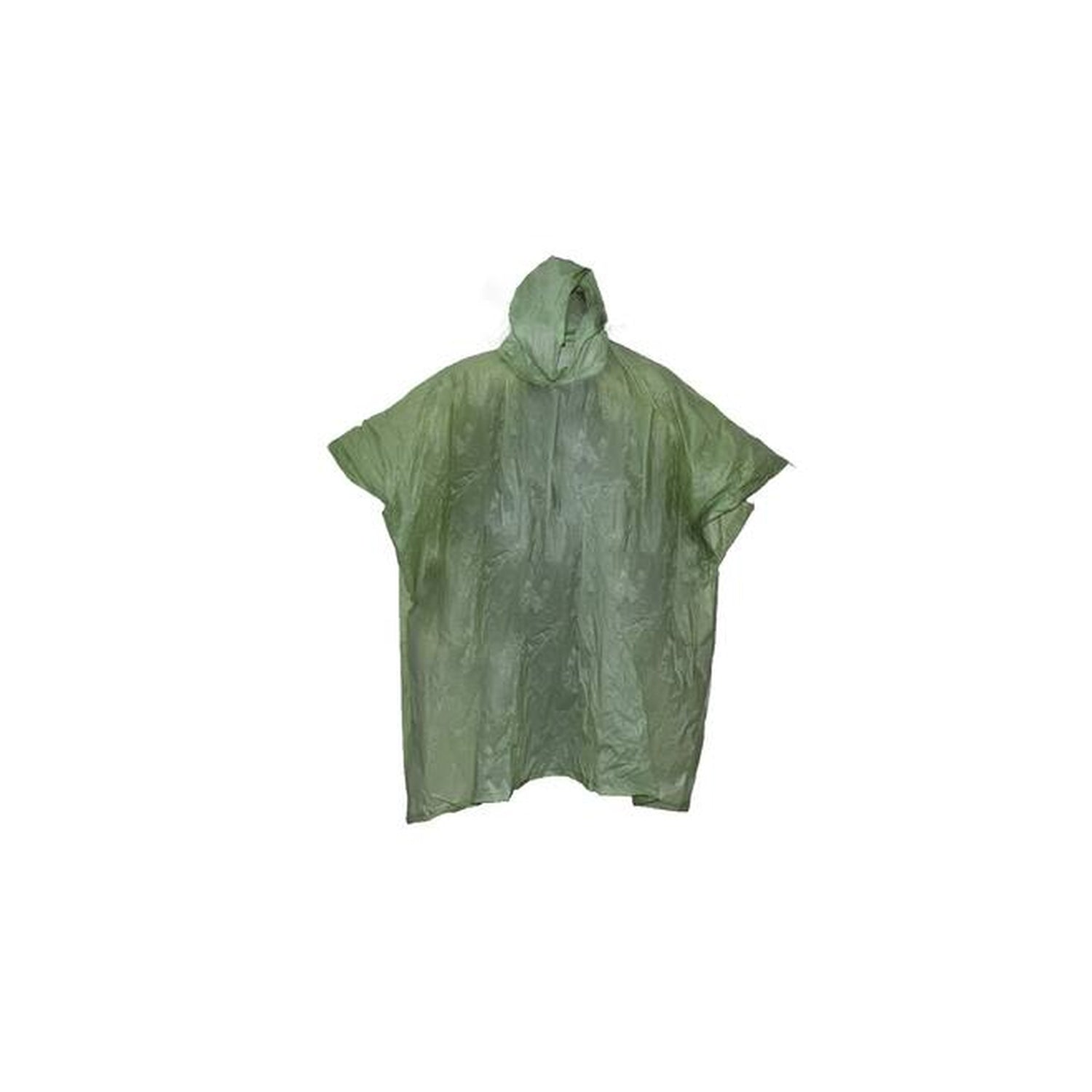 Grüner Regenponcho mit Kapuze, aus dünnem, wasserabweisendem Material, flach ausgebreitet dargestellt.