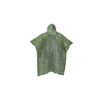 Grüner Regenponcho mit Kapuze, aus dünnem, wasserabweisendem Material, flach ausgebreitet dargestellt.