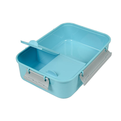 Geöffnete hellblaue Lunchbox mit zwei Fächern und aufklappbarer Trennwand, ohne Deckel gezeigt.