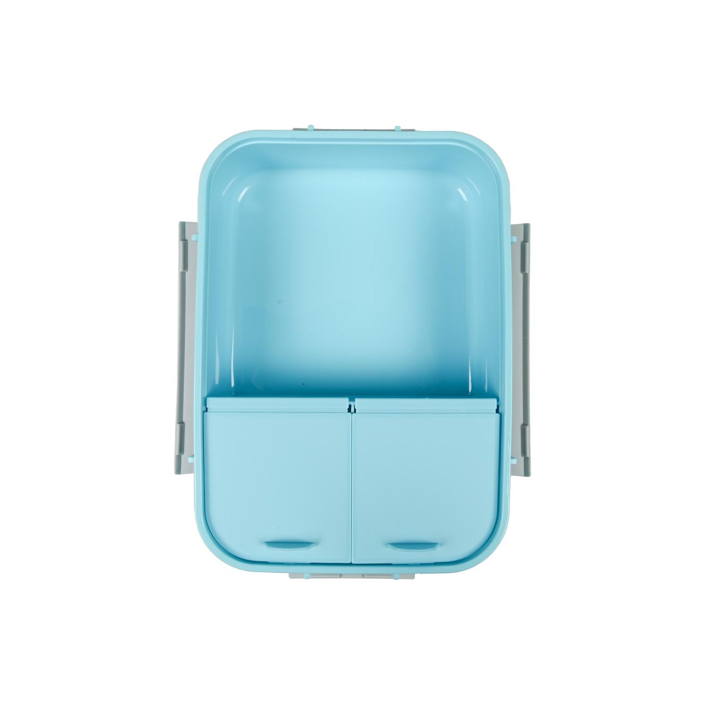 Geöffnete hellblaue Lunchbox mit einem großen Fach und zwei kleineren Fächern im unteren Bereich, von oben gesehen.