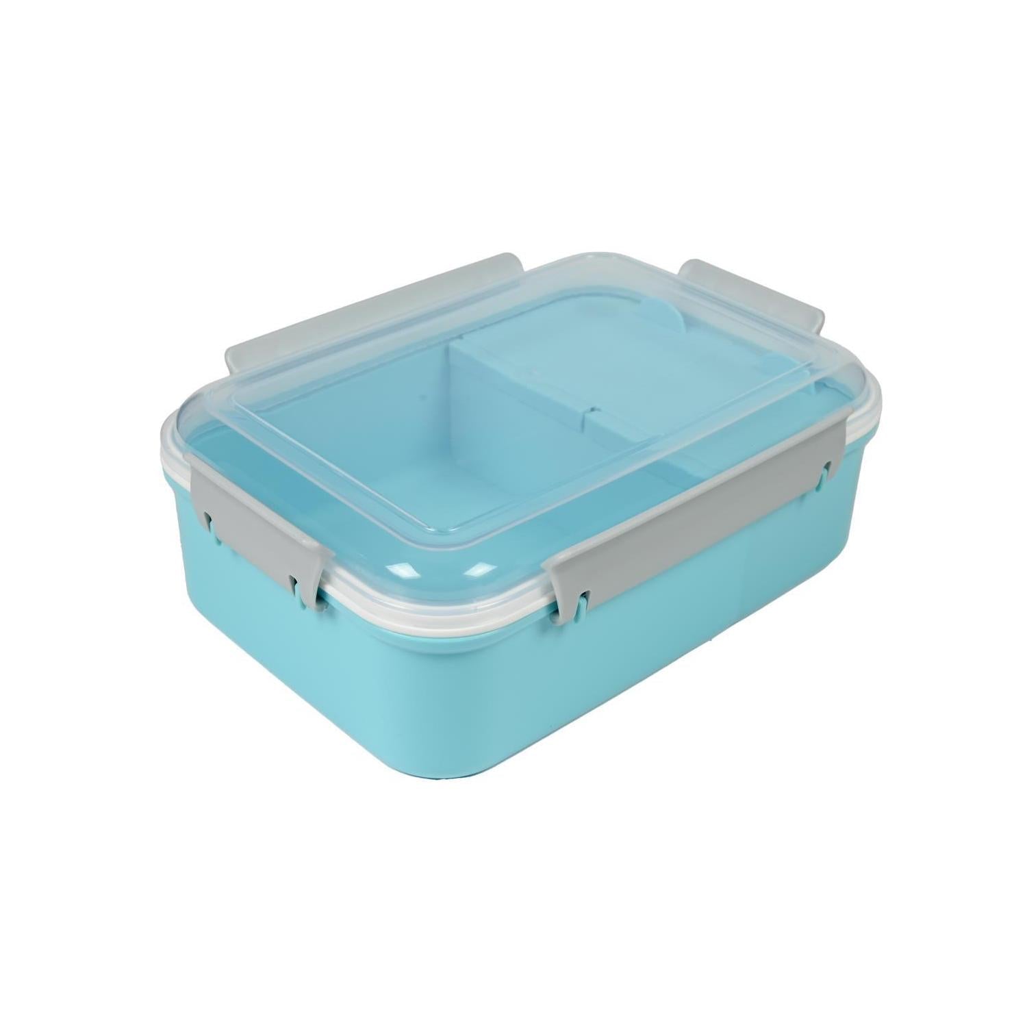 Rechteckige hellblaue Lunchbox mit durchsichtigem Deckel und seitlichen grauen Verschlüssen, geschlossen dargestellt.