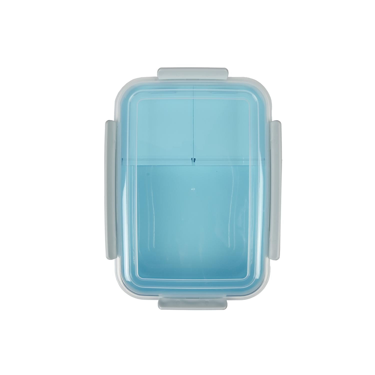 Geschlossene hellblaue Lunchbox mit durchsichtigem Deckel, von oben fotografiert, zeigt die rechteckige Form mit grauen Verschlüssen.