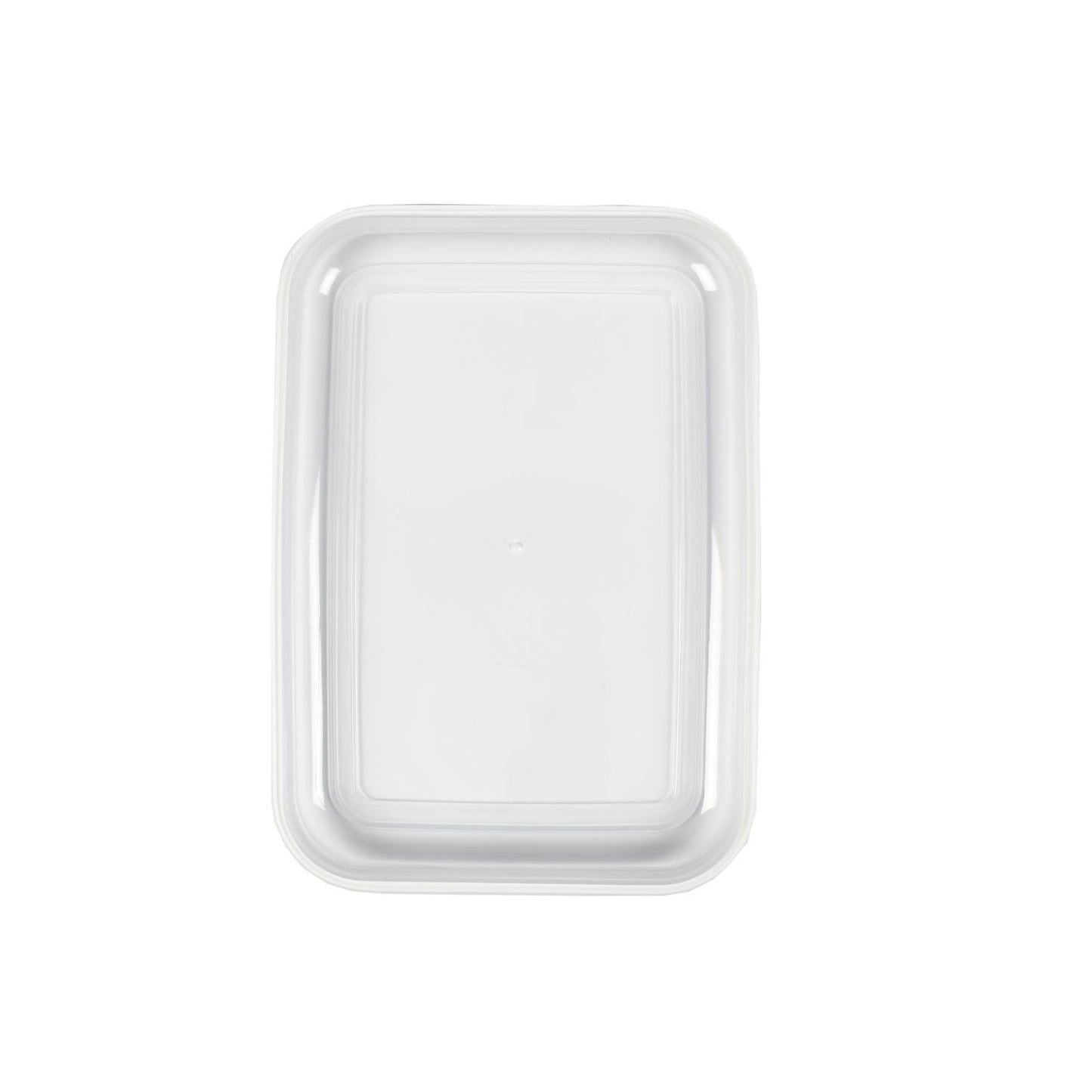 Abgenommener transparenter Deckel einer rechteckigen Lunchbox, weiß umrandet und flach liegend dargestellt.