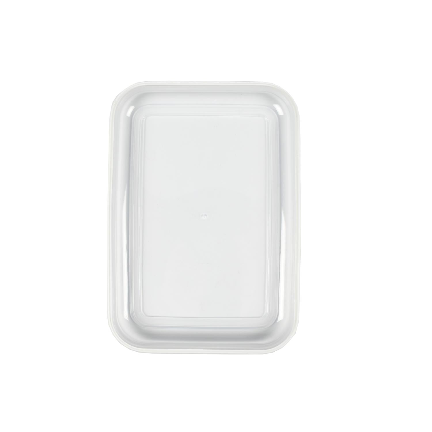 Abgenommener transparenter Deckel einer rechteckigen Lunchbox, weiß umrandet und flach liegend dargestellt.