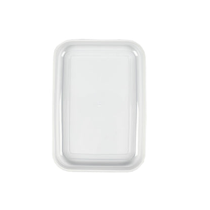 Abgenommener transparenter Deckel einer rechteckigen Lunchbox, weiß umrandet und flach liegend dargestellt.