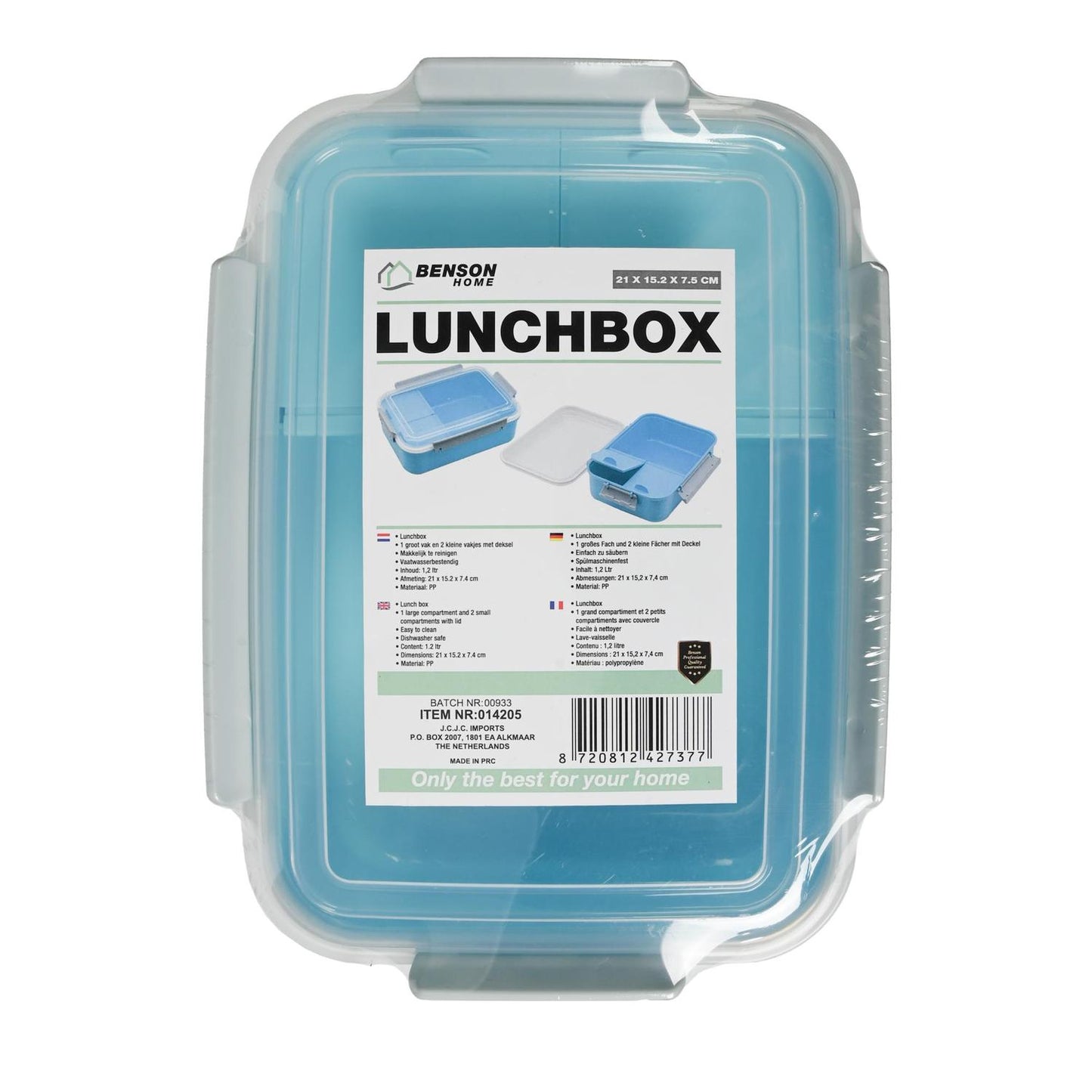 Verpackte hellblaue Lunchbox mit Produktetikett „Benson Home Lunchbox“, das Maße und Details zur Aufteilung anzeigt.
