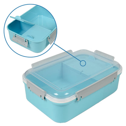 Hellblaue Lunchbox mit transparentem Deckel und grauen Verschlussclips, zeigt im Detailbild eine herausnehmbare Trennwand im Inneren.