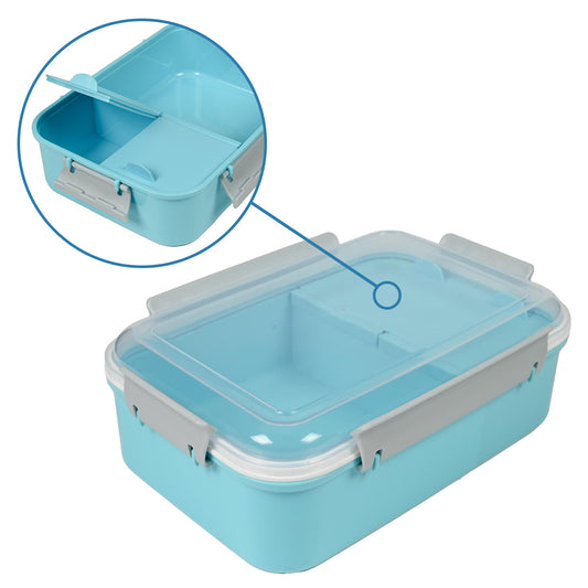 Hellblaue Lunchbox mit transparentem Deckel und grauen Verschlussclips, zeigt im Detailbild eine herausnehmbare Trennwand im Inneren.