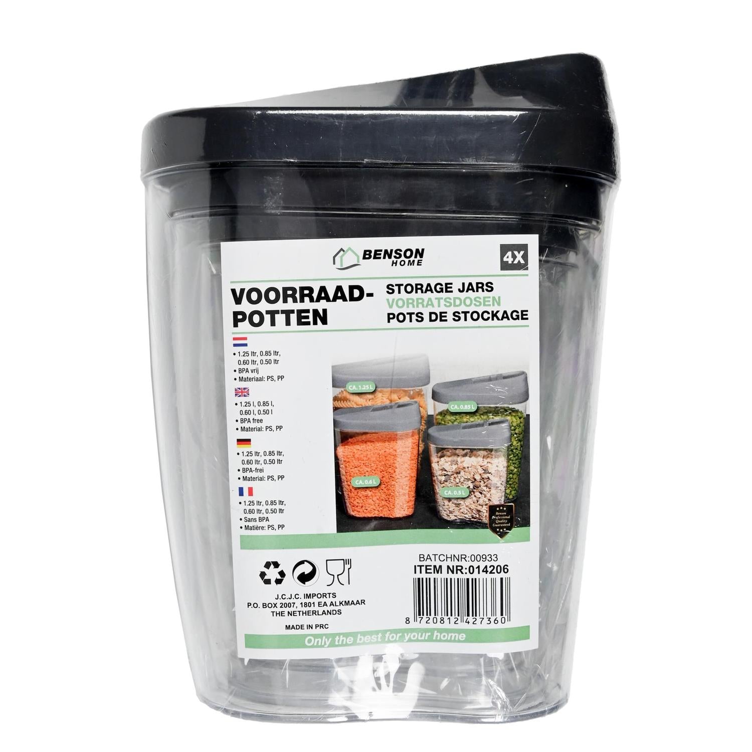 Set aus vier transparenten Vorratsdosen mit schwarzen Deckeln in Originalverpackung, Vorderseite mit Produktetikett und Aufschrift „Benson Home Vorratsdosen“.