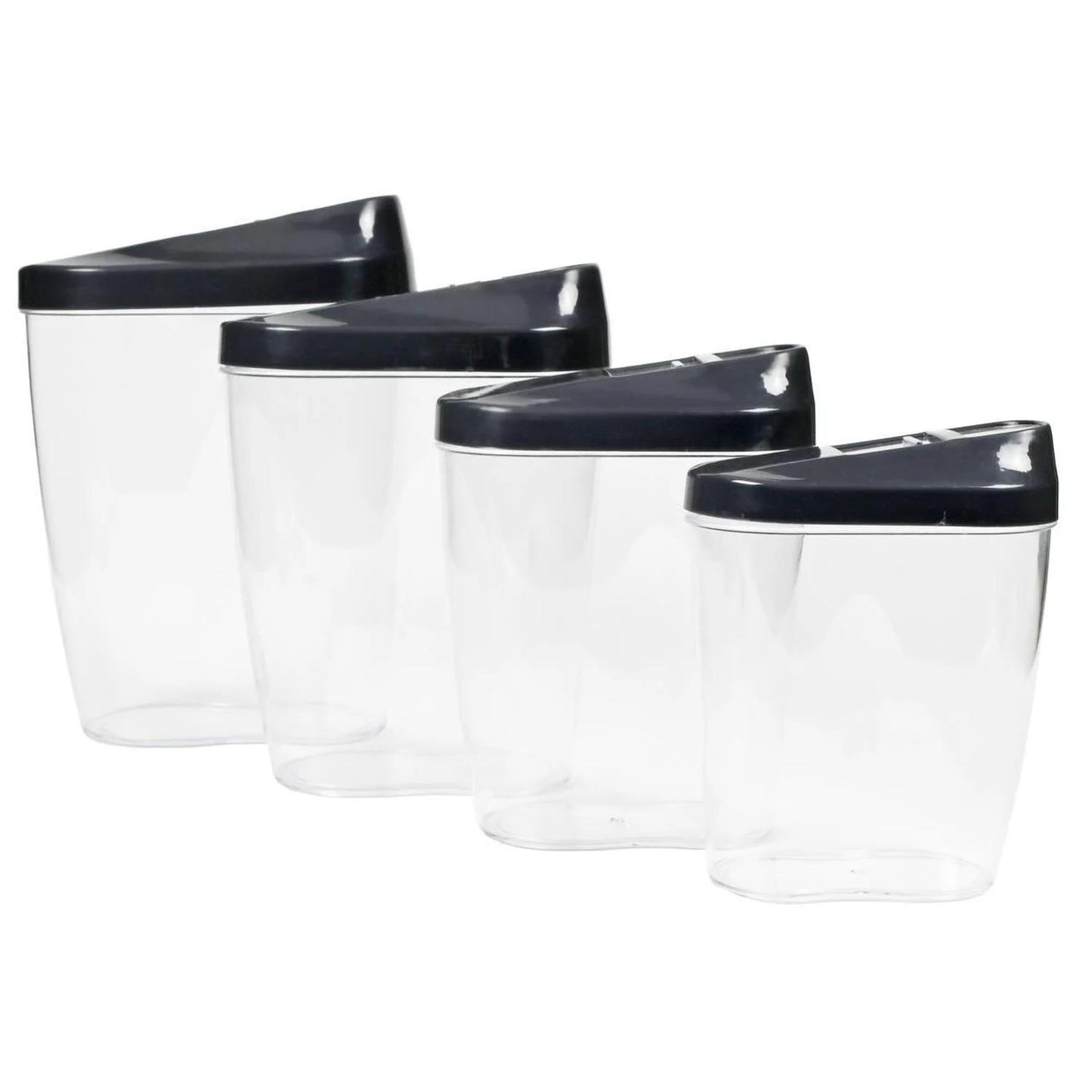 Vier transparente Vorratsdosen aus Kunststoff mit schwarzen Deckeln, in abgestufter Größe nebeneinander aufgestellt.