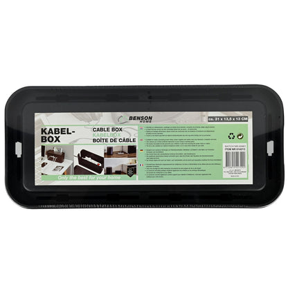 Produktverpackung der Benson Home Kabelbox mit grün-weißer Beschriftung und Anwendungsbildern auf der Oberseite.