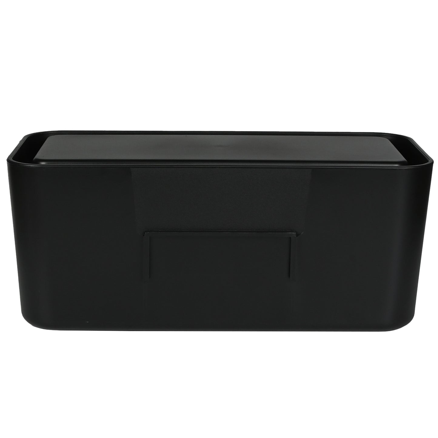 Rückansicht der schwarzen Kabelbox mit glatter Fläche und leicht erhobenem Mittelteil.