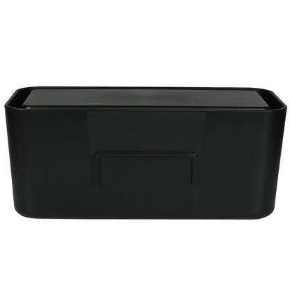 Rückansicht der schwarzen Kabelbox mit glatter Fläche und leicht erhobenem Mittelteil.