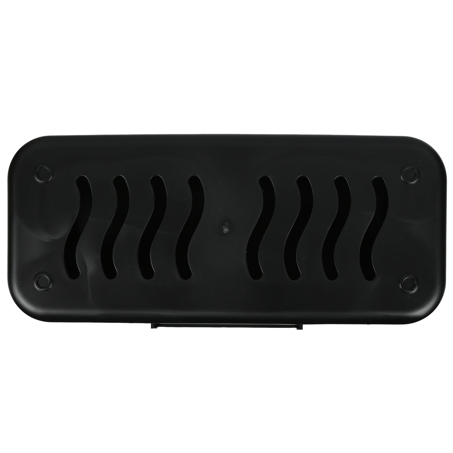 Unterseite der schwarzen Kabelbox mit wellenförmigen Lüftungsschlitzen und vier runden Standpunkten.