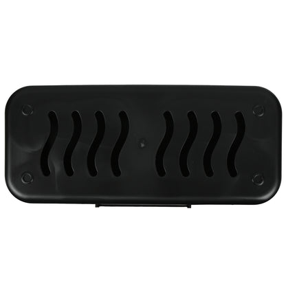 Unterseite der schwarzen Kabelbox mit wellenförmigen Lüftungsschlitzen und vier runden Standpunkten.