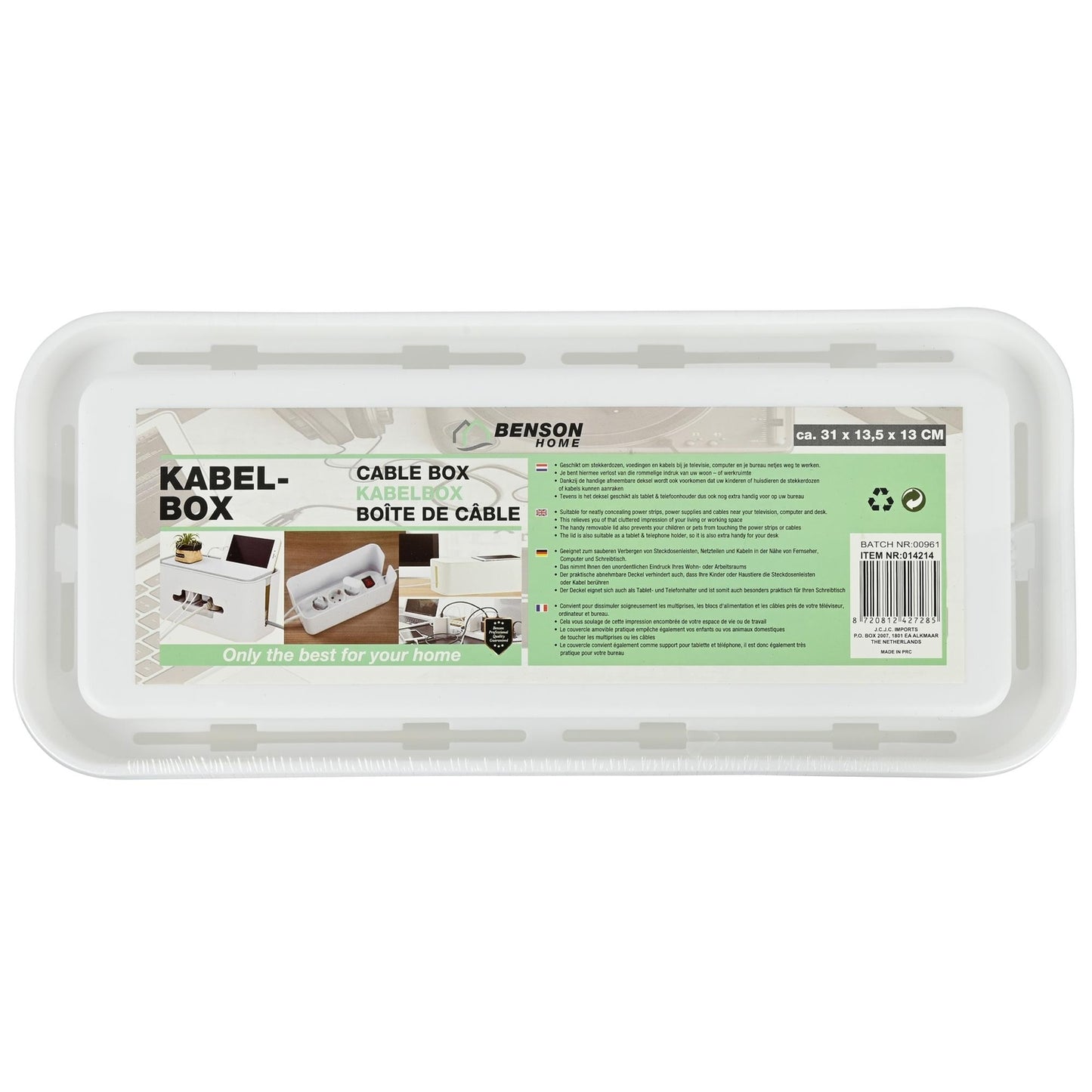 Produktverpackung der Benson Home Kabelbox mit grün-weißer Beschriftung und Anwendungsbildern auf der Oberseite.