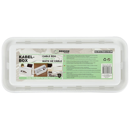 Produktverpackung der Benson Home Kabelbox mit grün-weißer Beschriftung und Anwendungsbildern auf der Oberseite.