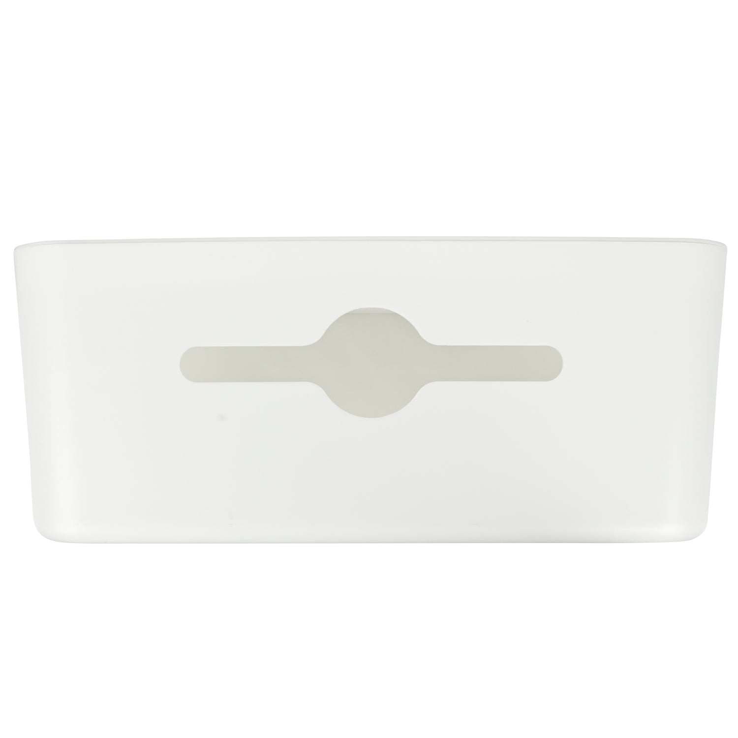 Frontansicht der weißen Kabelbox mit glatter Fläche und leicht erhobenem Mittelteil.