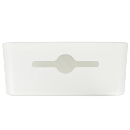 Frontansicht der weißen Kabelbox mit glatter Fläche und leicht erhobenem Mittelteil.