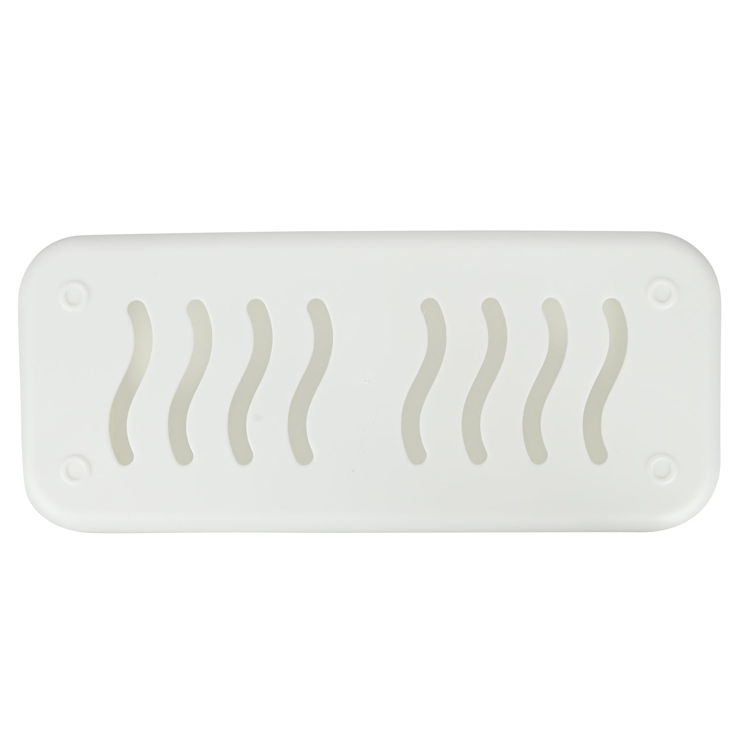 Unterseite der weißen Kabelbox mit wellenförmigen Lüftungsschlitzen und vier runden Standpunkten.